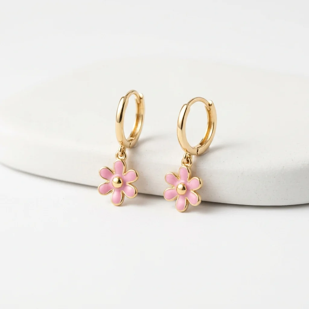 Aretes flor con esmalte rosa